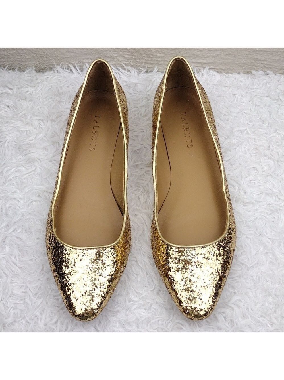 Talbots Gold Glitter Metallic Closed Almond Toe Slip On Leather Lined Flat Shoe - Picture 3 of 16